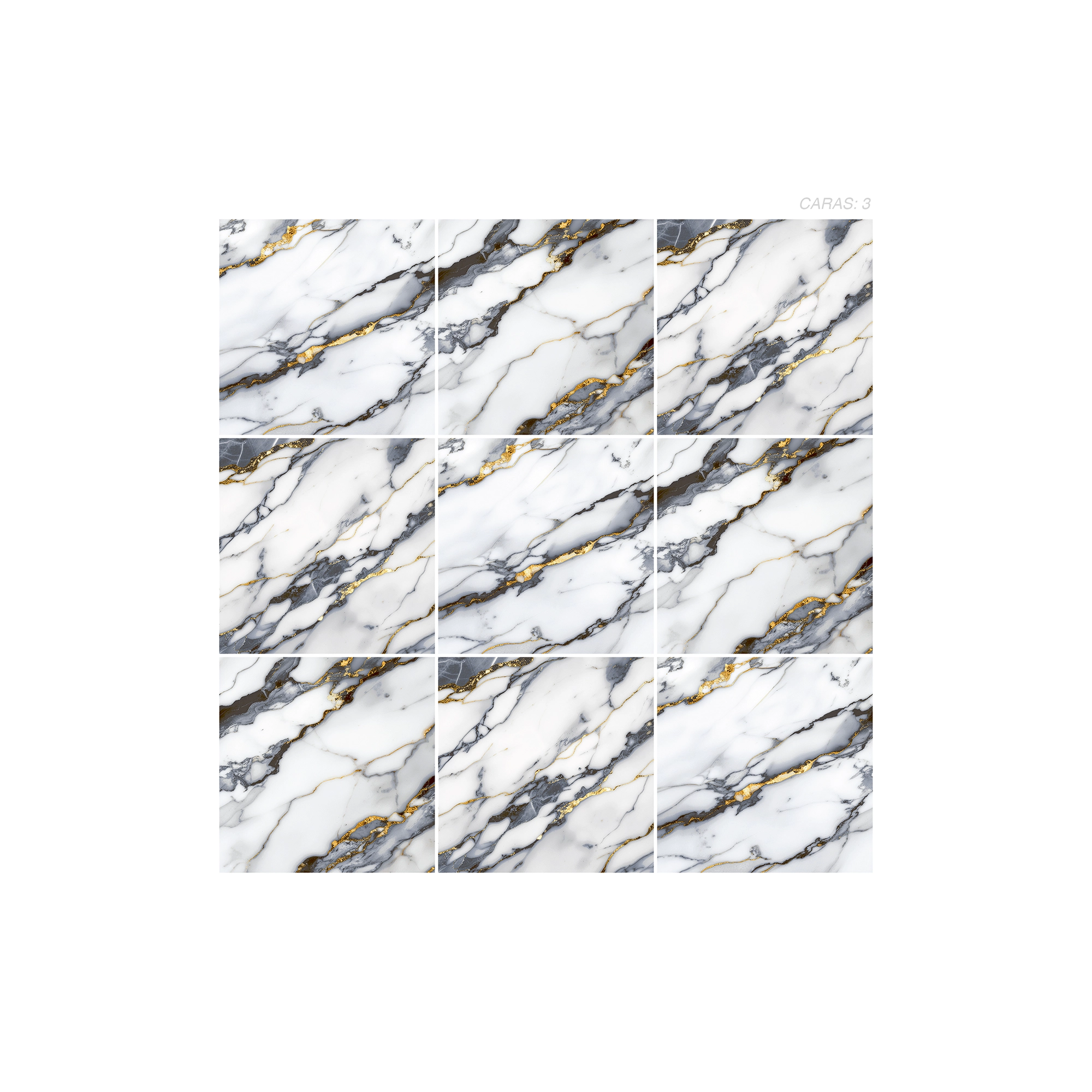 Cerámica Mármol Lunetto de color gris, estilo mármol y acabado cristalino puesto en un panel de 9 piezas