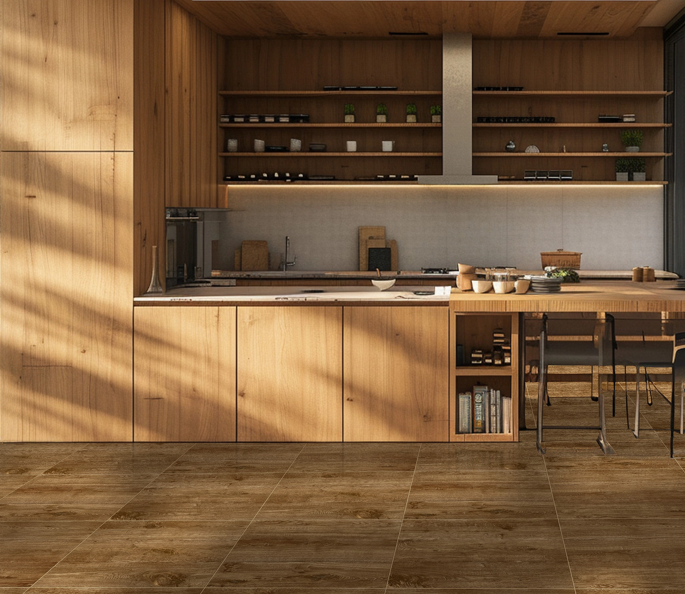 CERÁMICA MADERA NORVEN BRUNETTE AMBIENTE Cocina con iluminación natural, con almacenes y repisas de madera, con un piso de cerámica estilo madera Norven Brunette