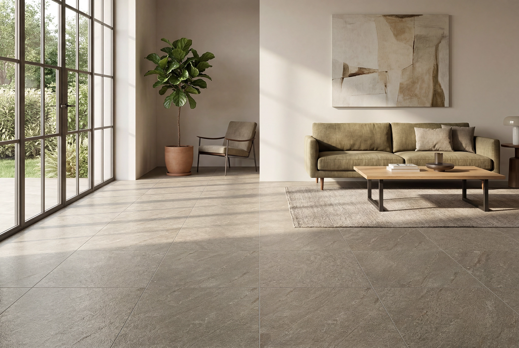 Sala luminosa con gran ventanal y vista al patio, amoblada y con un piso de cerámica estilo piedra Braken Duna