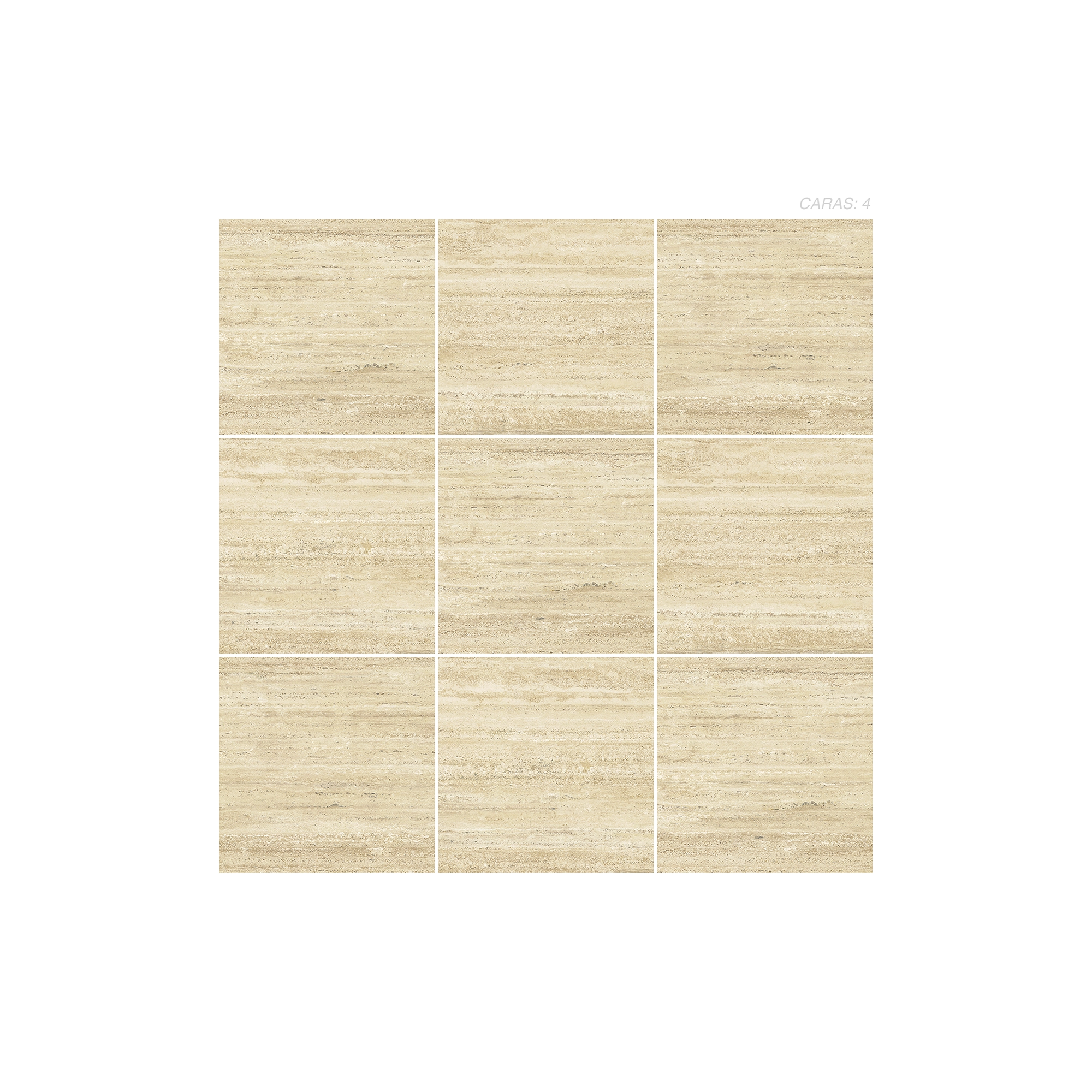 Cerámica Mármol Civitta con color beige, con texturas y un reflejo moderado propio del nuevo acabado satinado texturizado digital puesto en un panel de 9 piezas