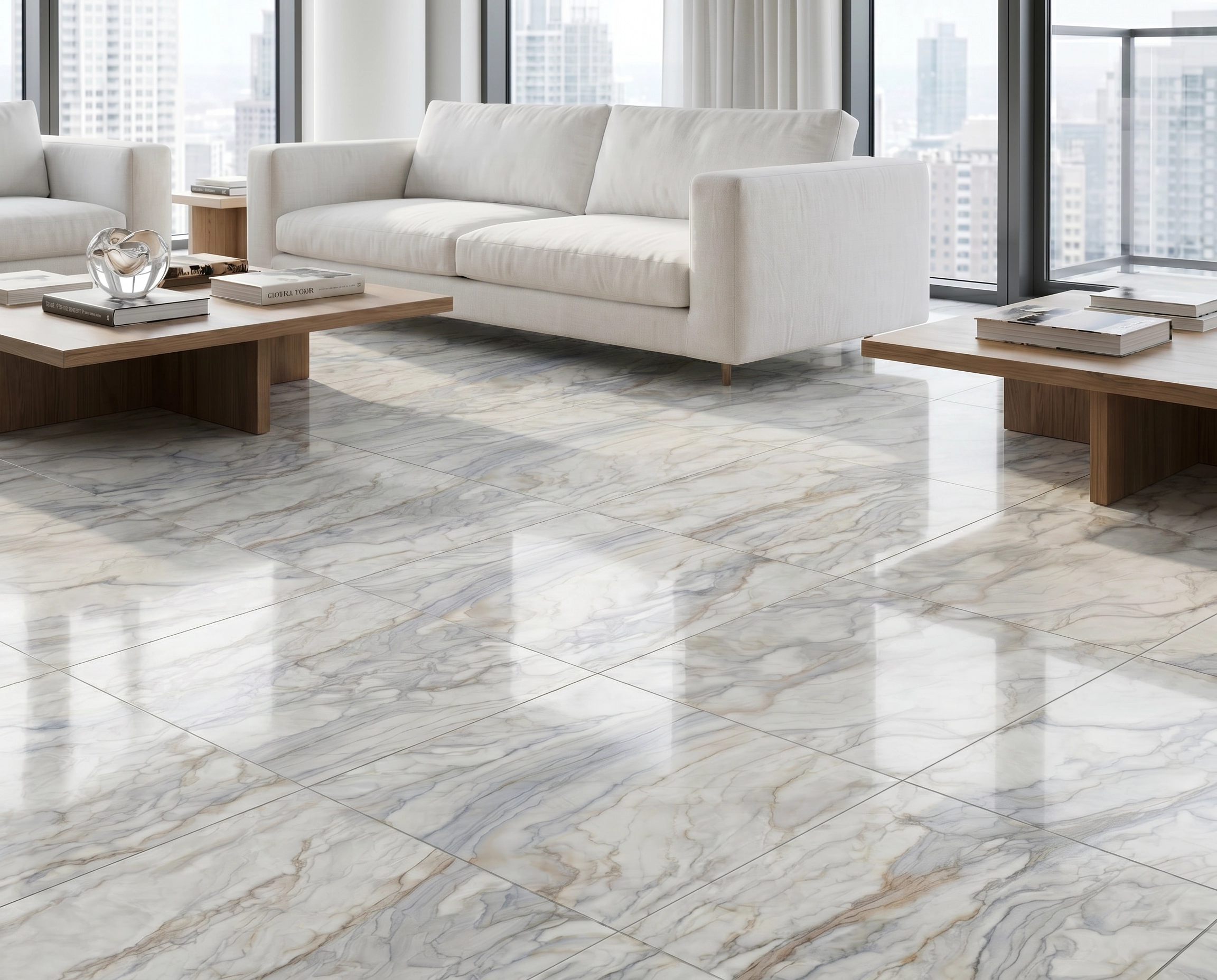 Sala luminosa con ventanas grandes, sofás color hueso y un piso de cerámica mármol Ferrara