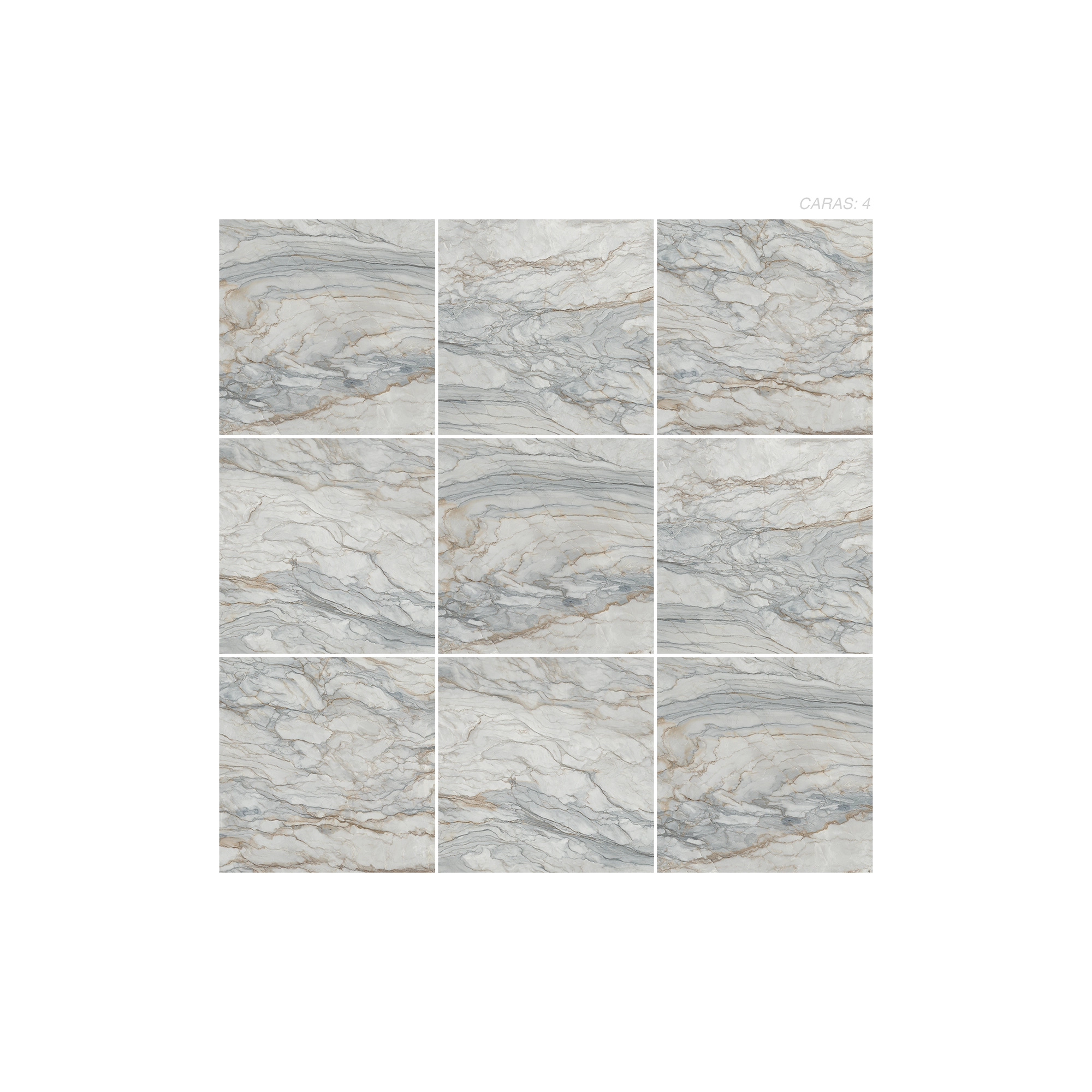 Cerámica Mármol Ferrara de color gris, estilo mármol y acabado cristalino efecto digital puesto en un panel de 9 piezas