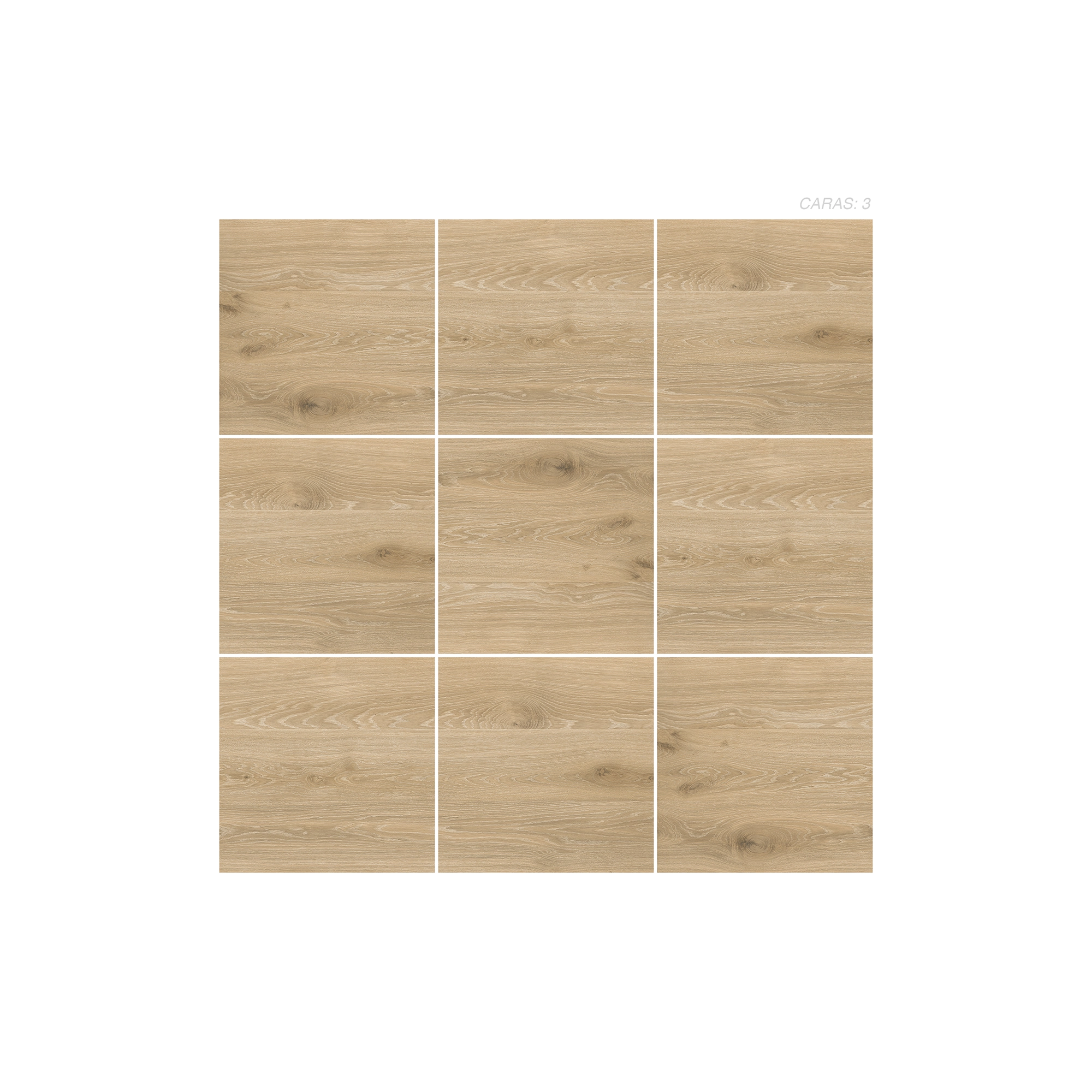 Cerámica Madera Lorien Beige de color beige y textura realista con un brillo moderado propio del acabado satinado texturizado digital puesto en un panel de 9 piezas