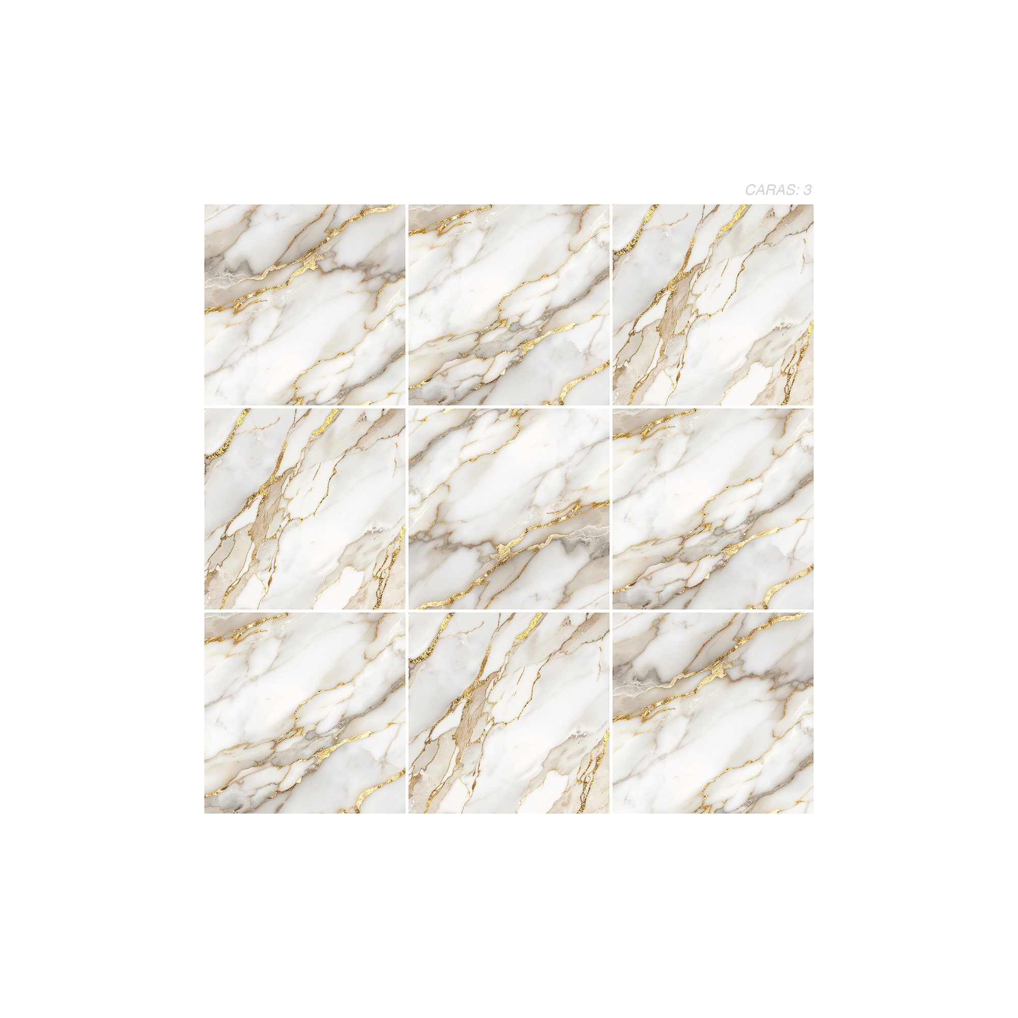 Cerámica Mármol Lucea de color beige, estilo mármol y acabado cristalino puesto en un panel de 9 piezas