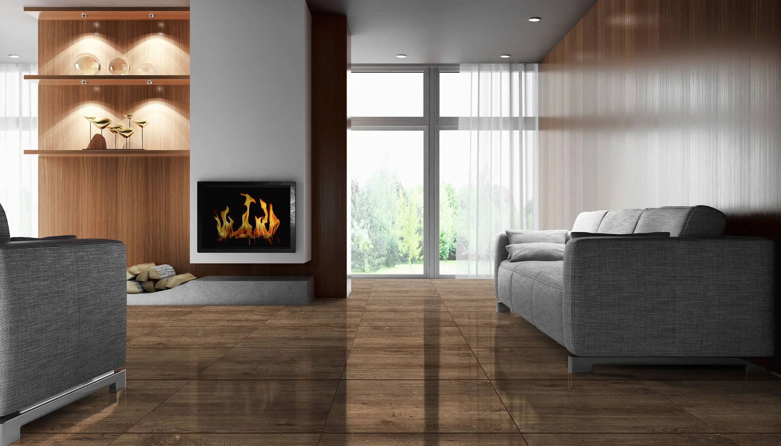 CERÁMICA MADERA NORVEN BROWN AMBIENTE Sala con iluminación natural, chimenea y cojines grises, con un piso de cerámica estilo madera Norven Brown