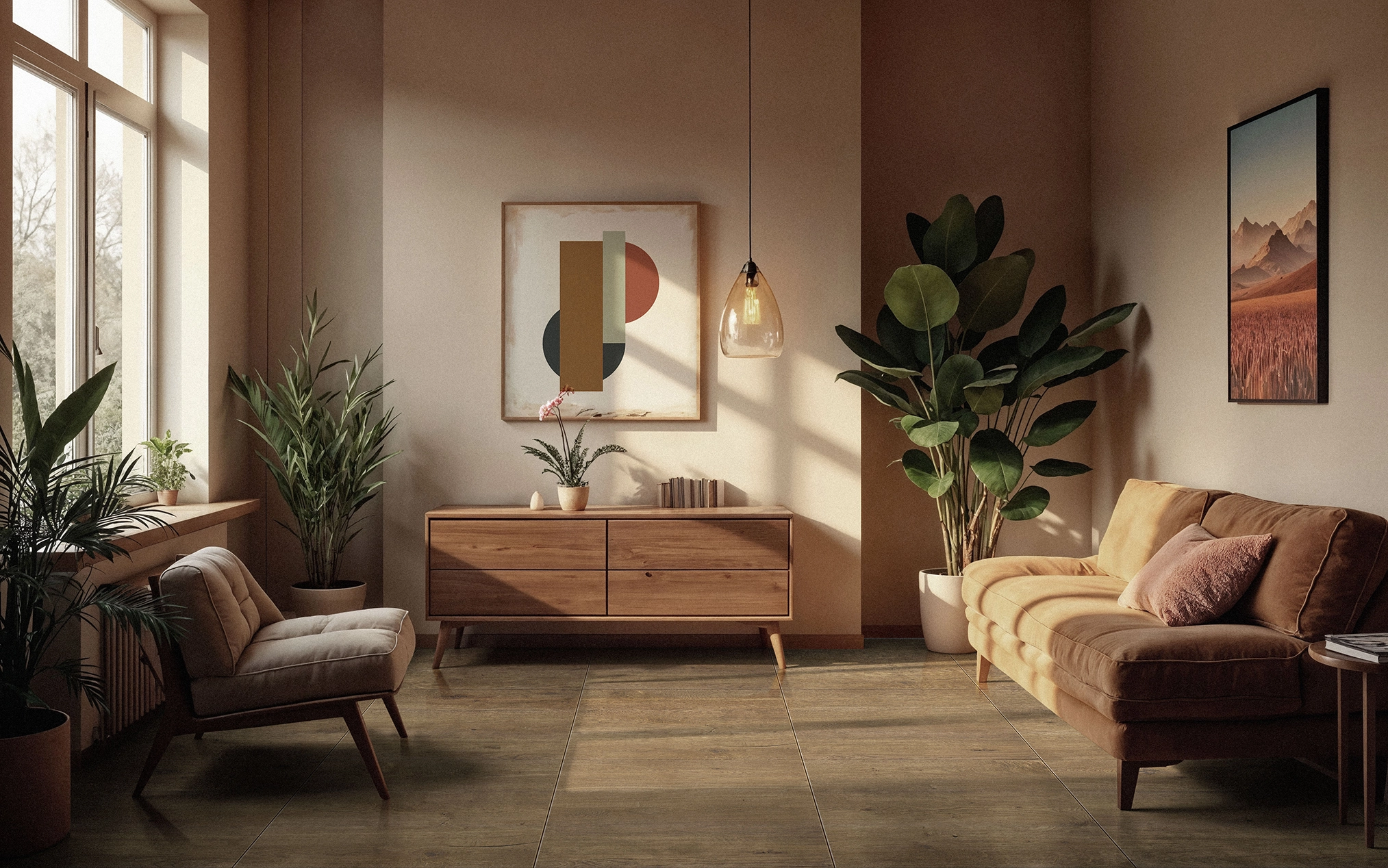 CERÁMICA MADERA NORVEN HONEY AMBIENTE Sala con iluminación cálida y natural, tonos cafe y beige, con un piso de cerámica madera Norven Honey