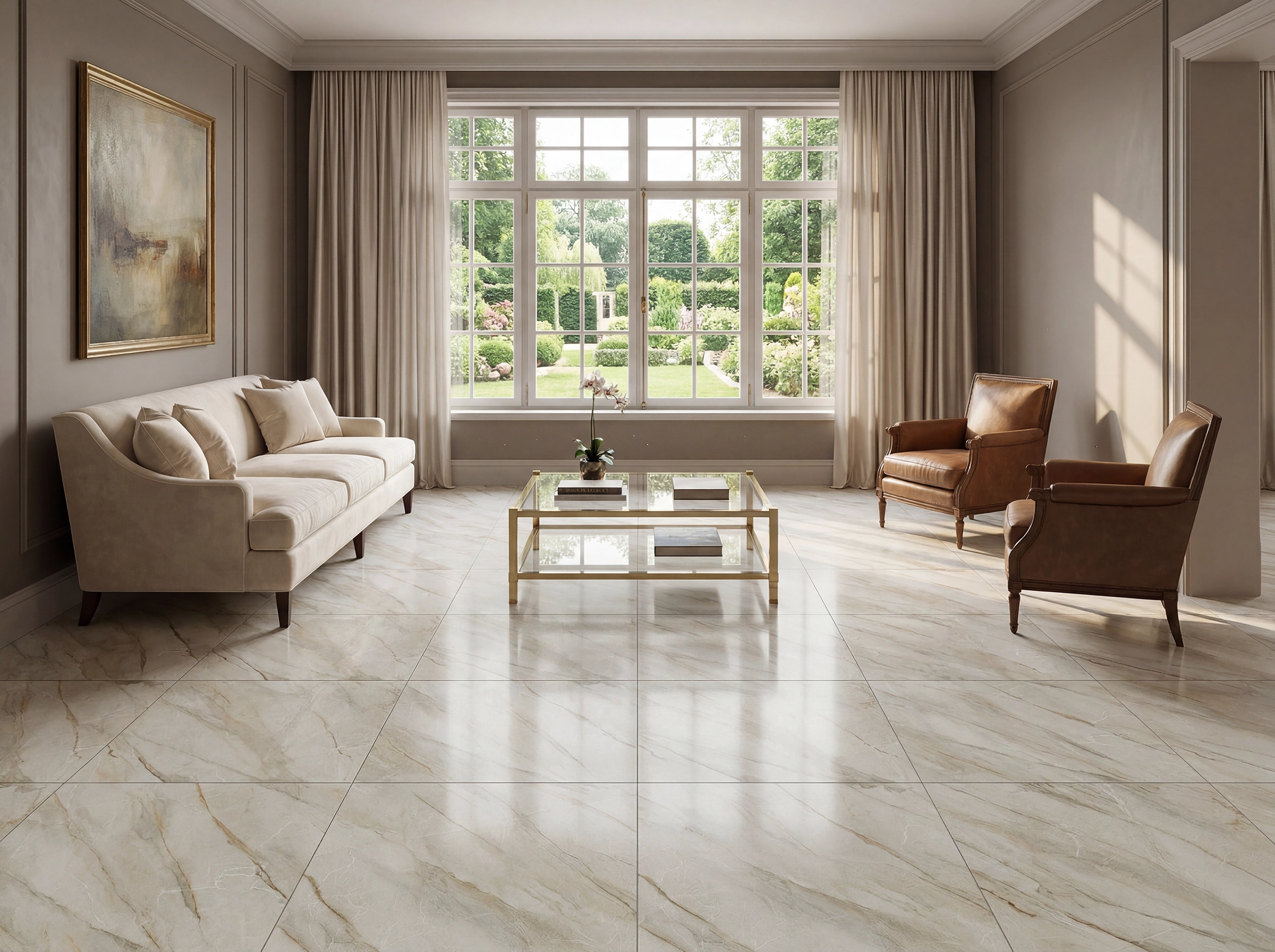 Sala luminosa con gran ventanal y vista al patio, amoblada y con un piso de cerámica estilo mármol Ravena Avorio
