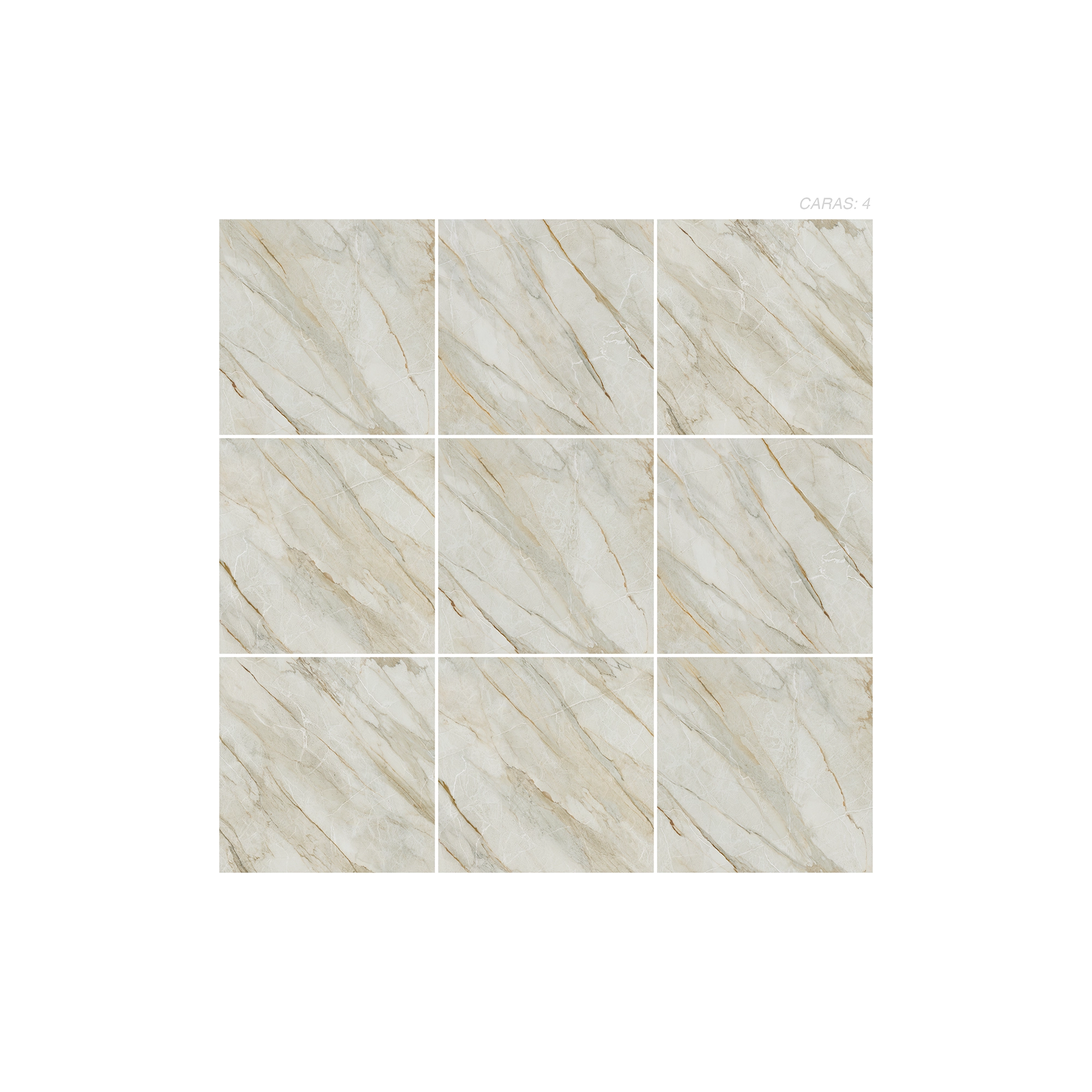 Cerámica Mármol Ravena Avorio de color gris, estilo mármol y acabado silky puesto en un panel de 9 piezas
