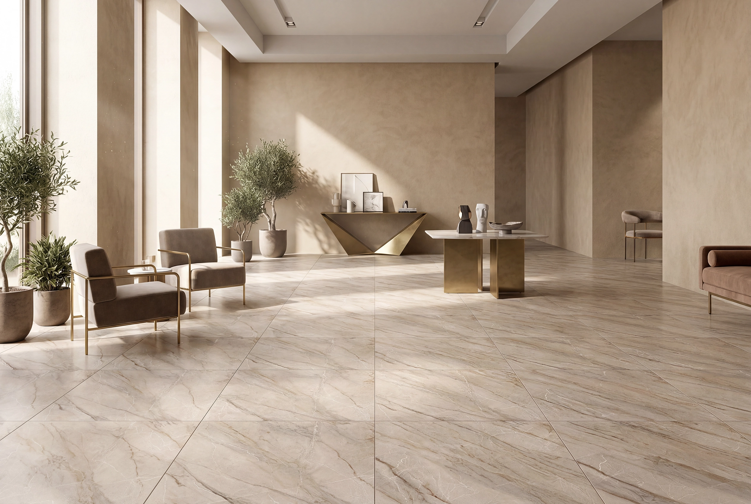 Sala de espera amplia y luminosa con ventanales grandes, sofás beige y un piso de cerámica mármol Ravena Duna