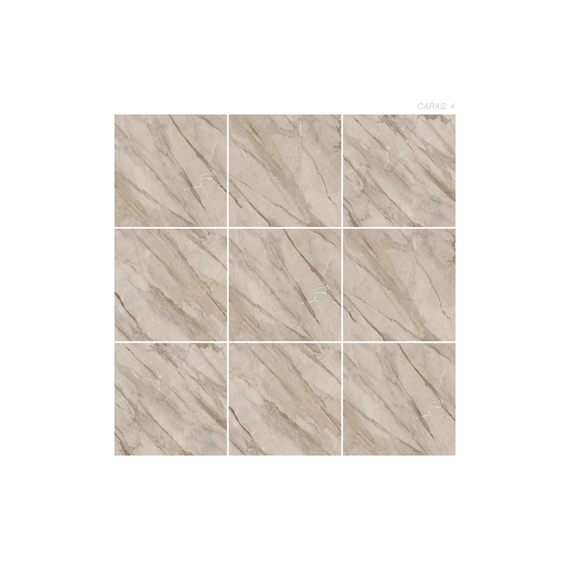 Cerámica Mármol Ravena Duna de color beige, estilo mármol y acabado silky puesto en un panel de 9 piezas