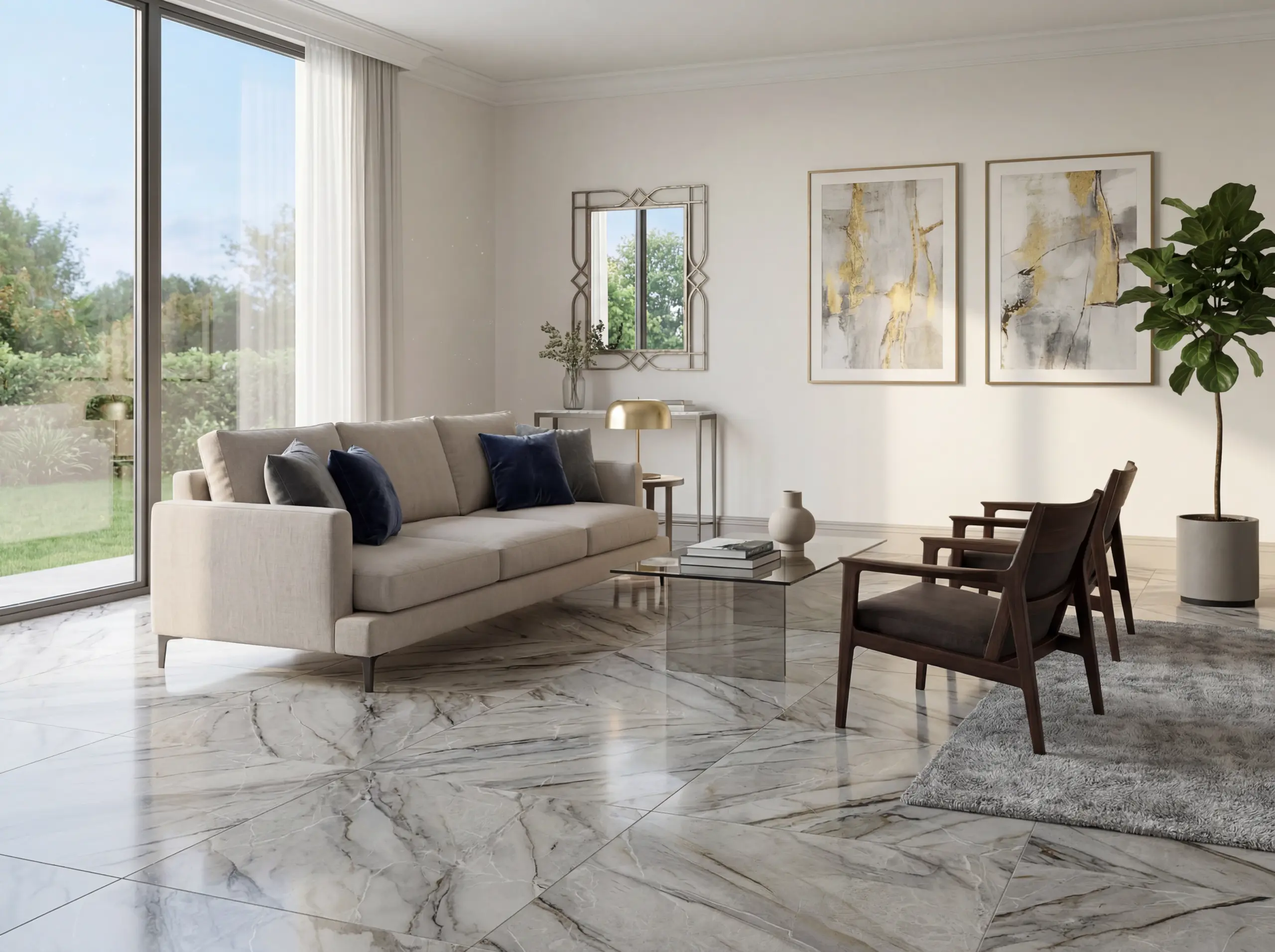 Sala luminosa con ventanas grandes, sofá perla y un piso de cerámica mármol Ravena Grigio