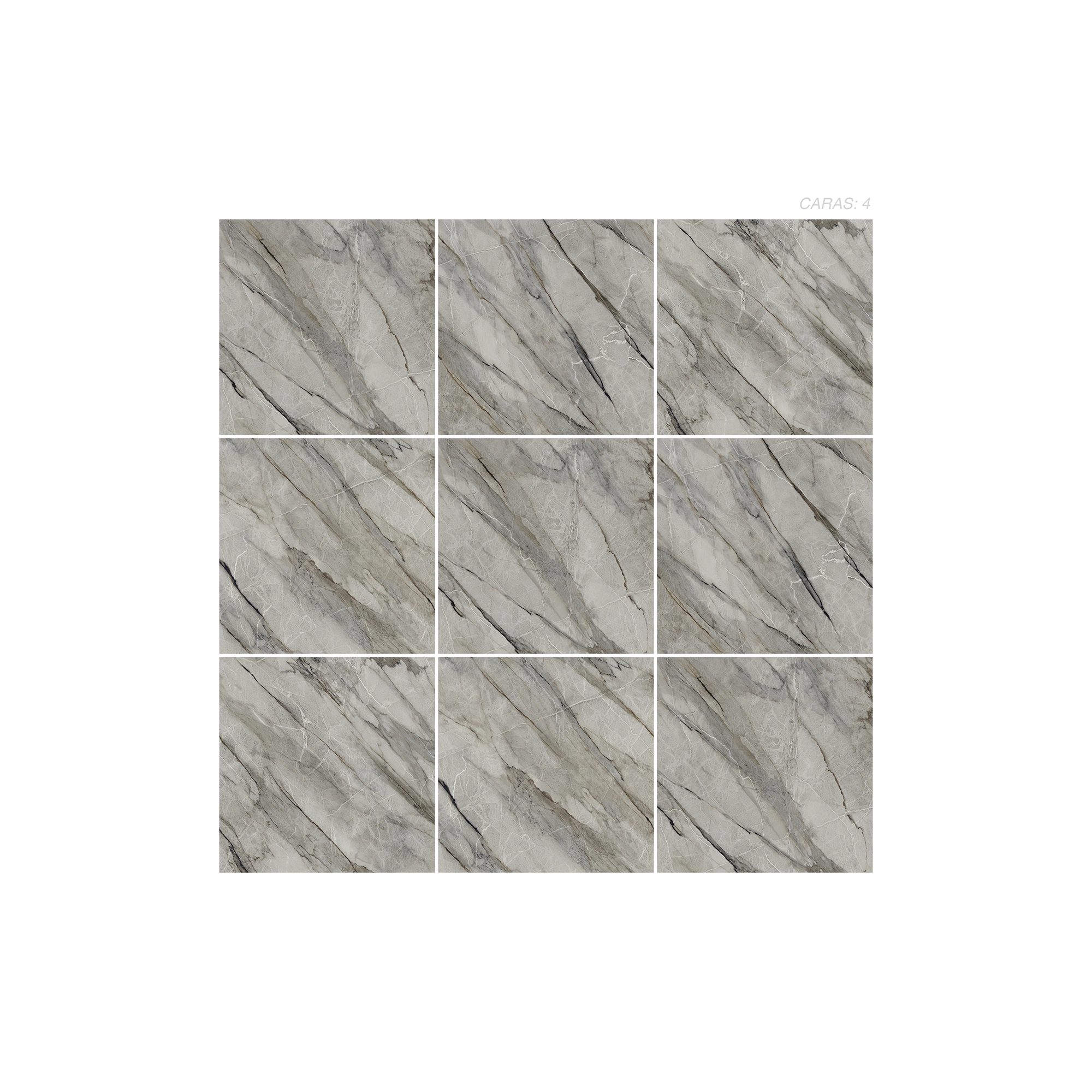 Cerámica Mármol Ravena Grigio de color Gris oscuro, estilo mármol y acabado silky puesto en un panel de 9 piezas