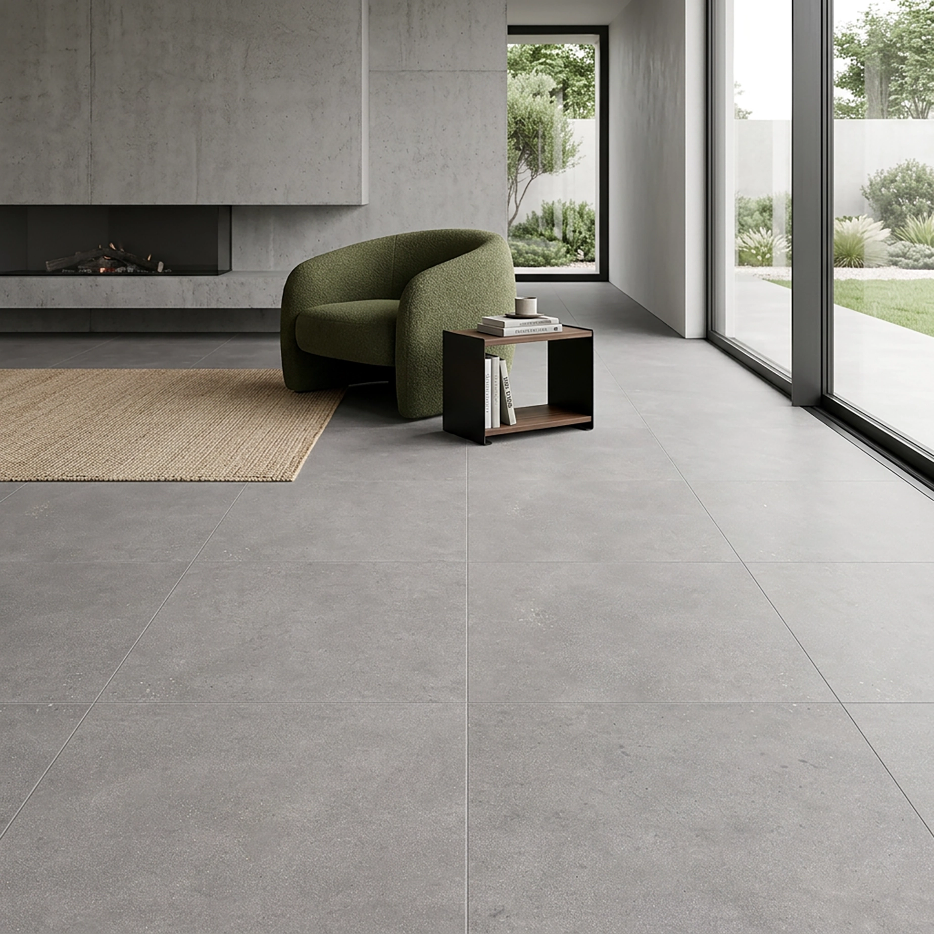 CERÁMICA RÚSTICO STURA GRIS AMBIENTE Sala luminosa con gran ventanal, amoblada y con un piso de cerámica estilo rústico Stura Gris