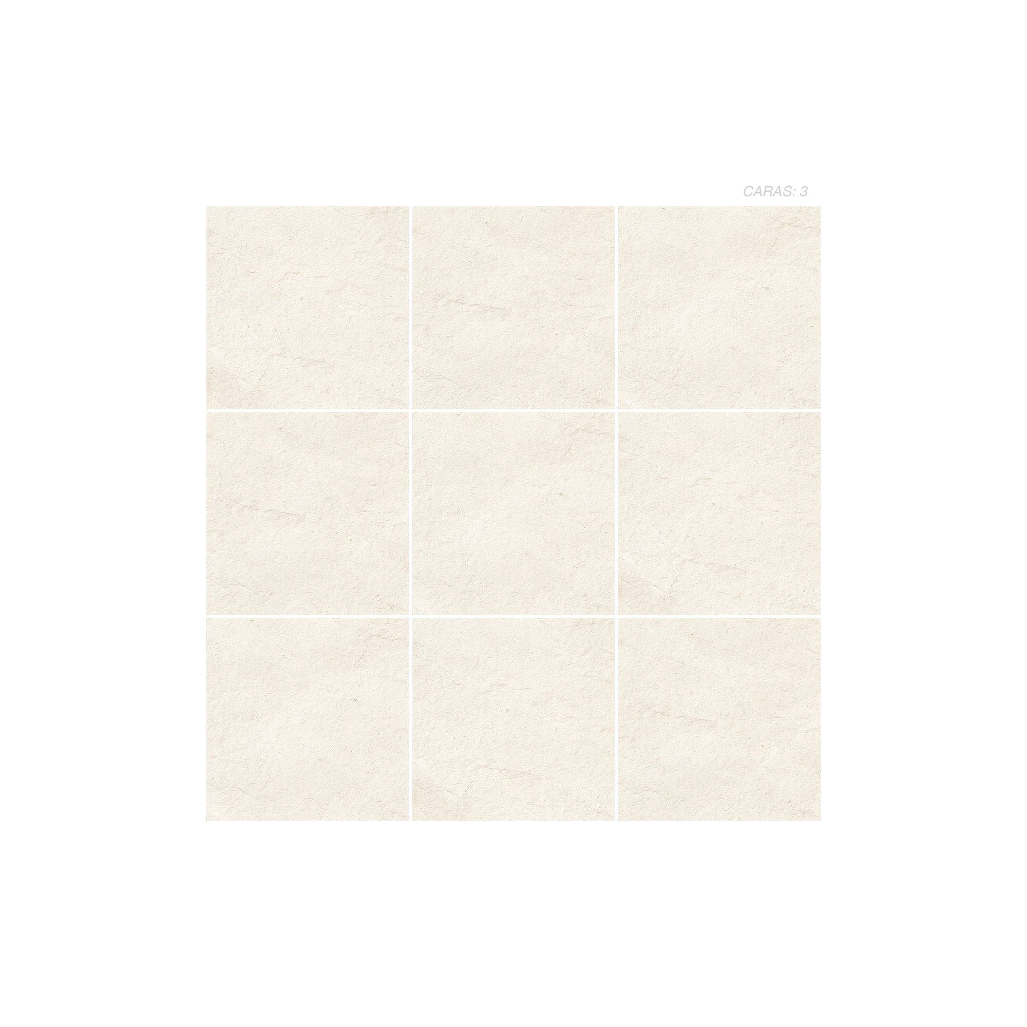 Cerámica Piedra Tefiti con tono beige y textura compacta propio del acabado mate estructurado puesto en un panel de 9 piezas