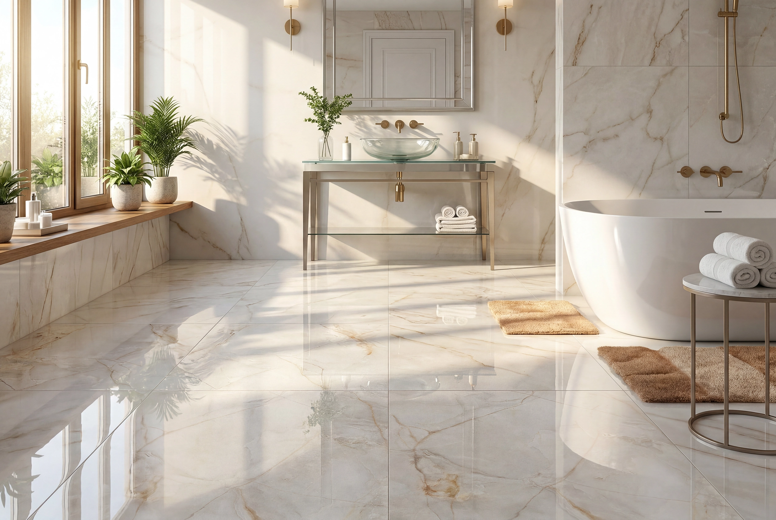 Baño amplio con iluminación natural, tina blanca y un piso de cerámica mármol Torino Avorio