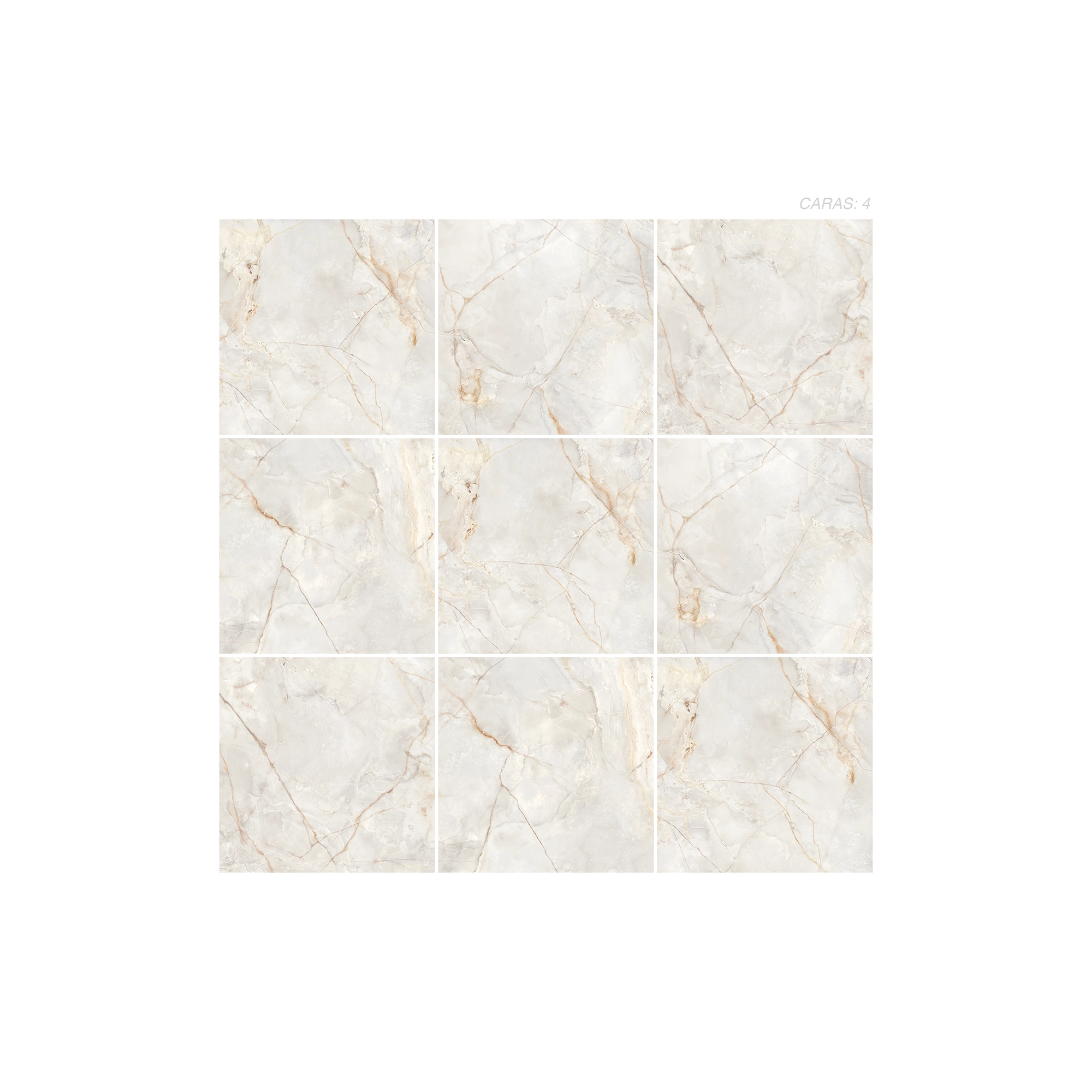 Cerámica Mármol Torino Avorio de color beige, estilo mármol y acabado cristalino efecto digital puesto en un panel de 9 piezas