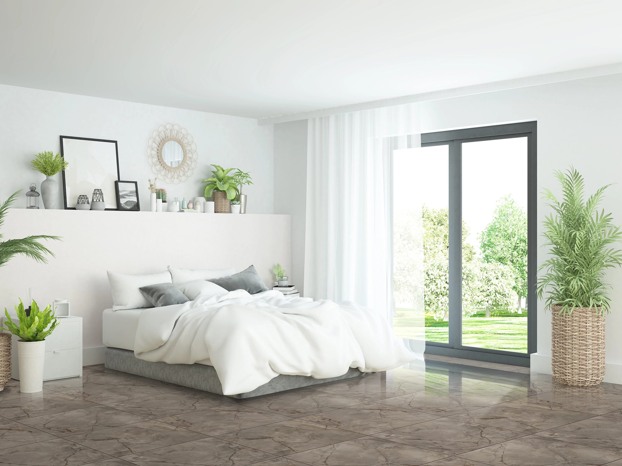 Dormitorio iluminado con puerta corrediza de vidrio y piso de cerámica mármol torino noce