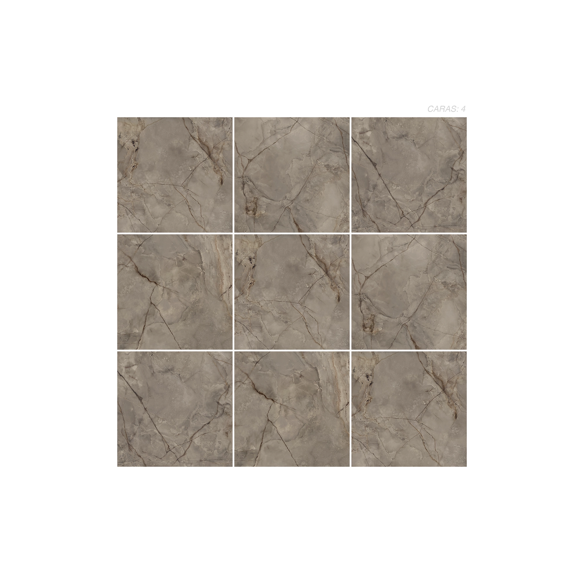 Cerámica Mármol Torino Noce de color gris, estilo mármol y acabado cristalino efecto digital puesto en un panel de 9 piezas