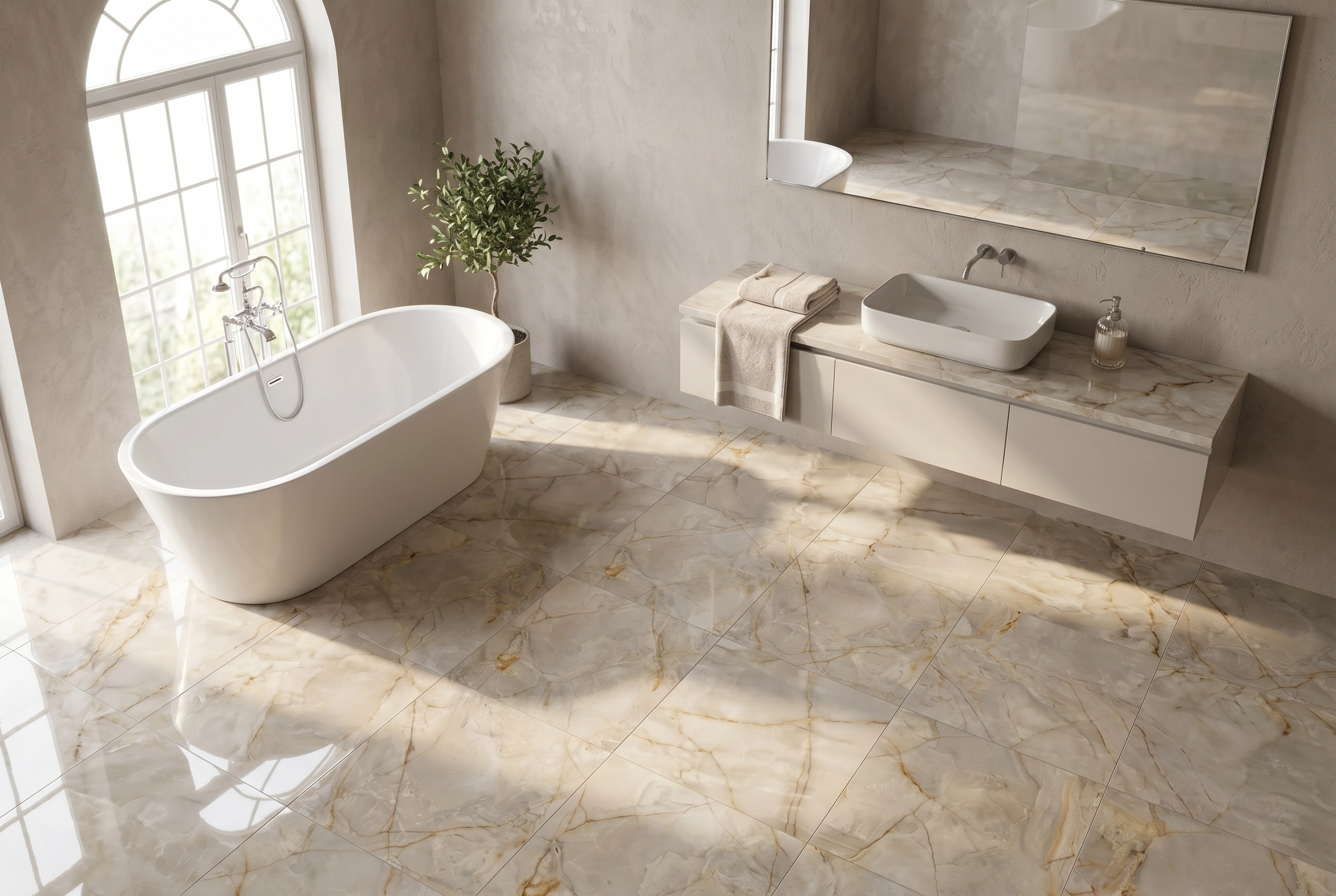Baño amplio con iluminación natural, tina blanca y un piso de cerámica mármol Torino Sabbia