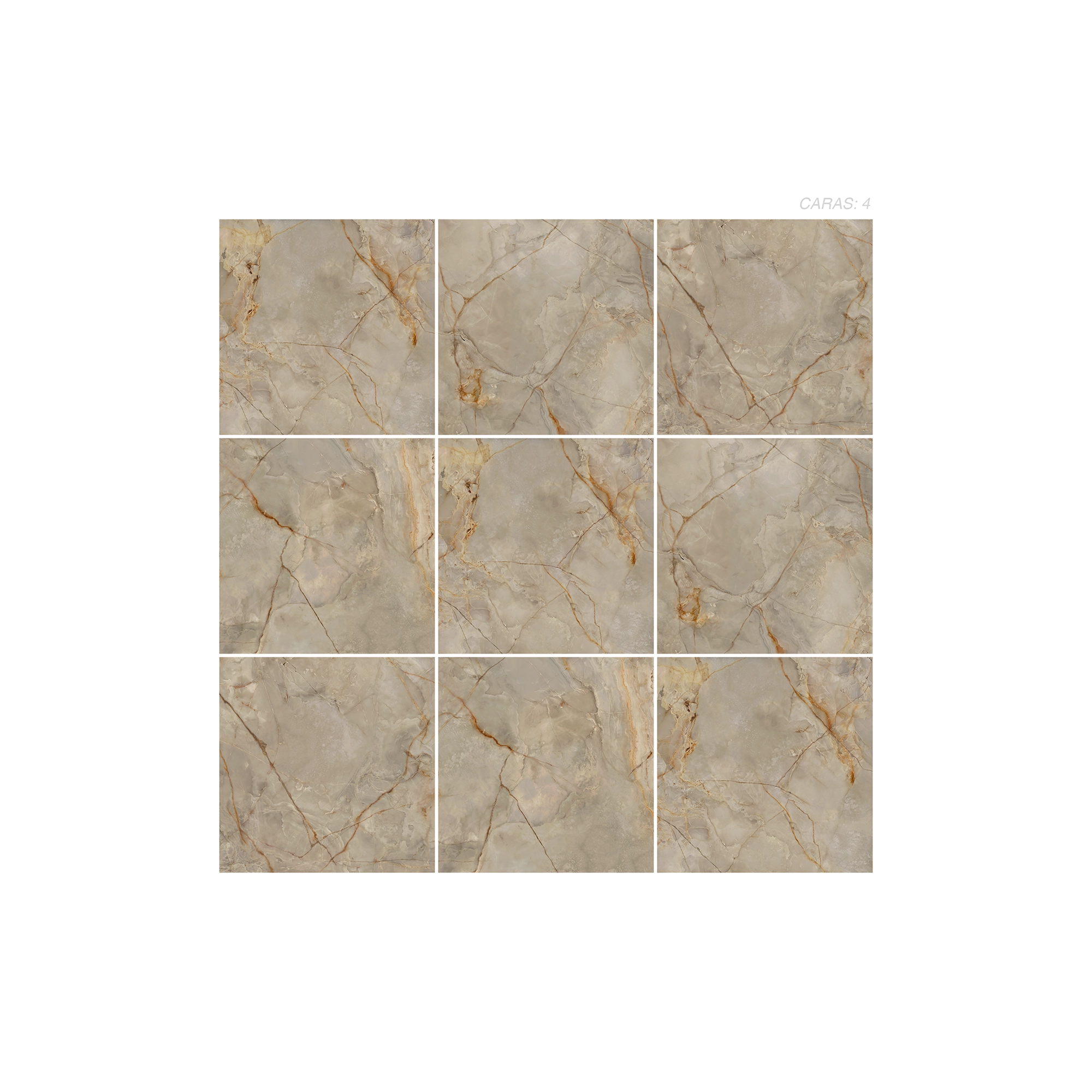 Cerámica Mármol Torino Sabbia de color beige, estilo mármol y acabado cristalino efecto digital puesto en un panel de 9 piezas