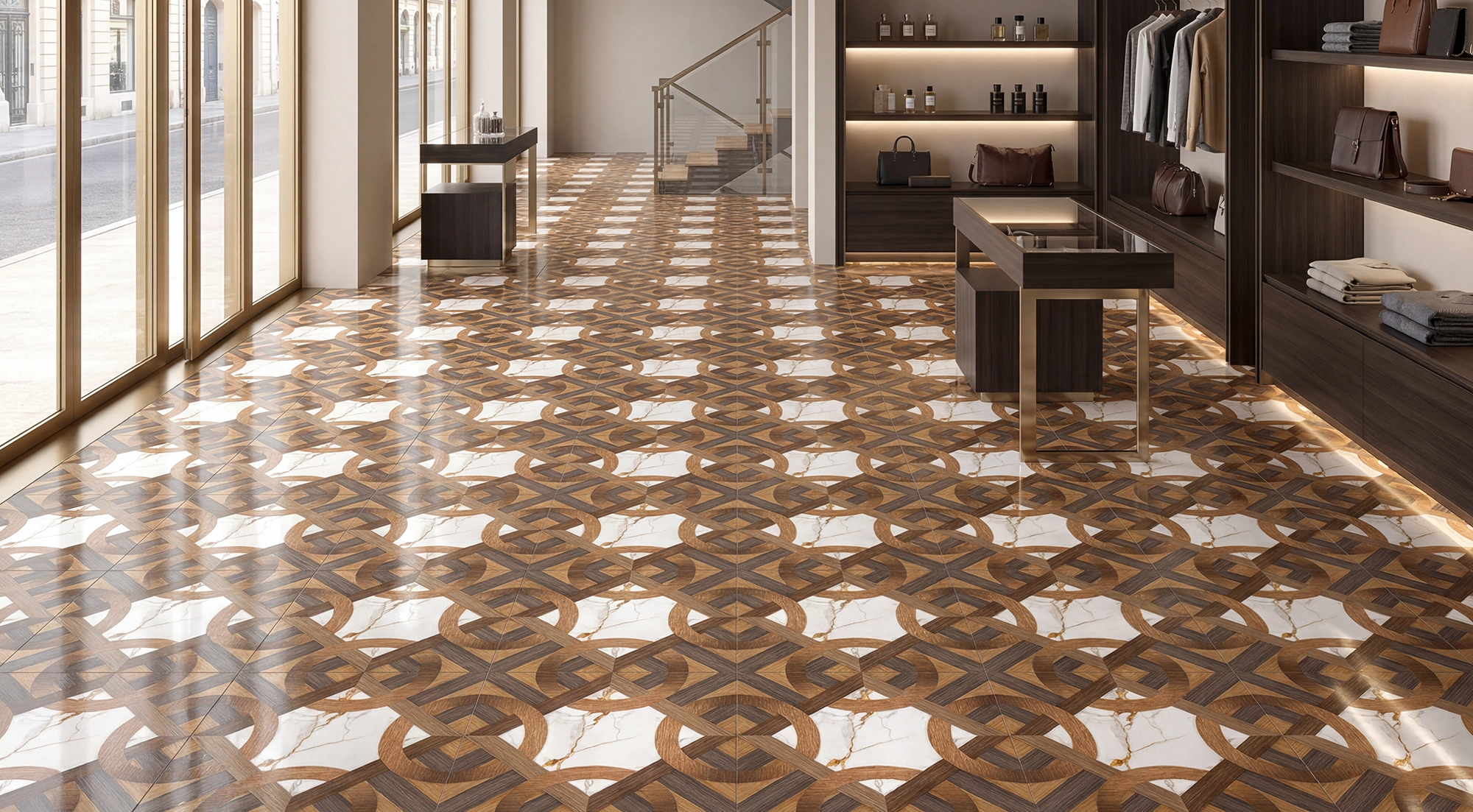 Sala luminosa con repisasde madera y un guardaropa, con un piso de cerámica madera Travia de Aura Cerámicos