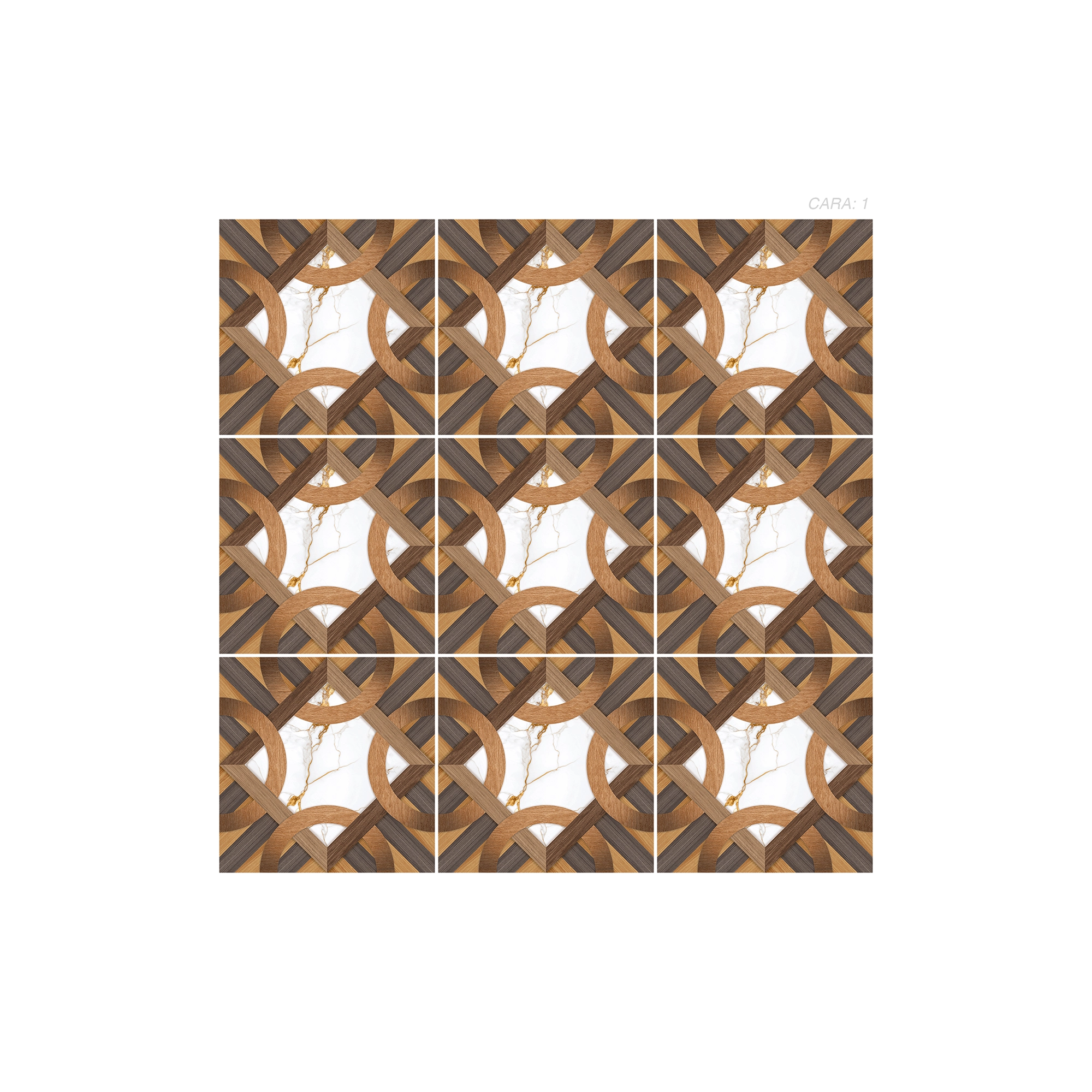 Cerámica Madera Travia de color marrón, estilo madera y acabado cristalino texturizado digital puesto en un panel de 9 piezas