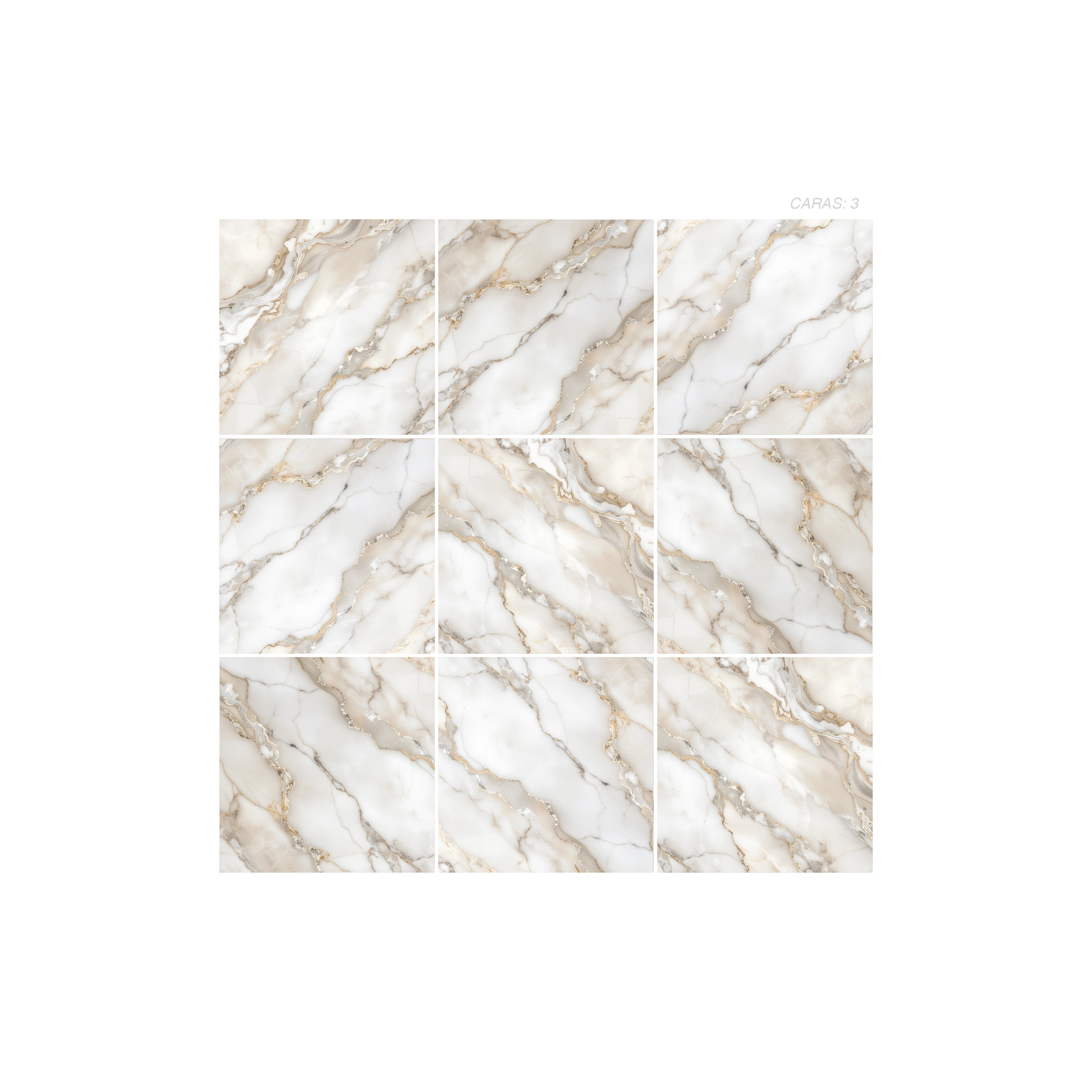 Cerámica Mármol Valenza de color beige, estilo mármol y acabado cristalino puesto en un panel de 9 piezas