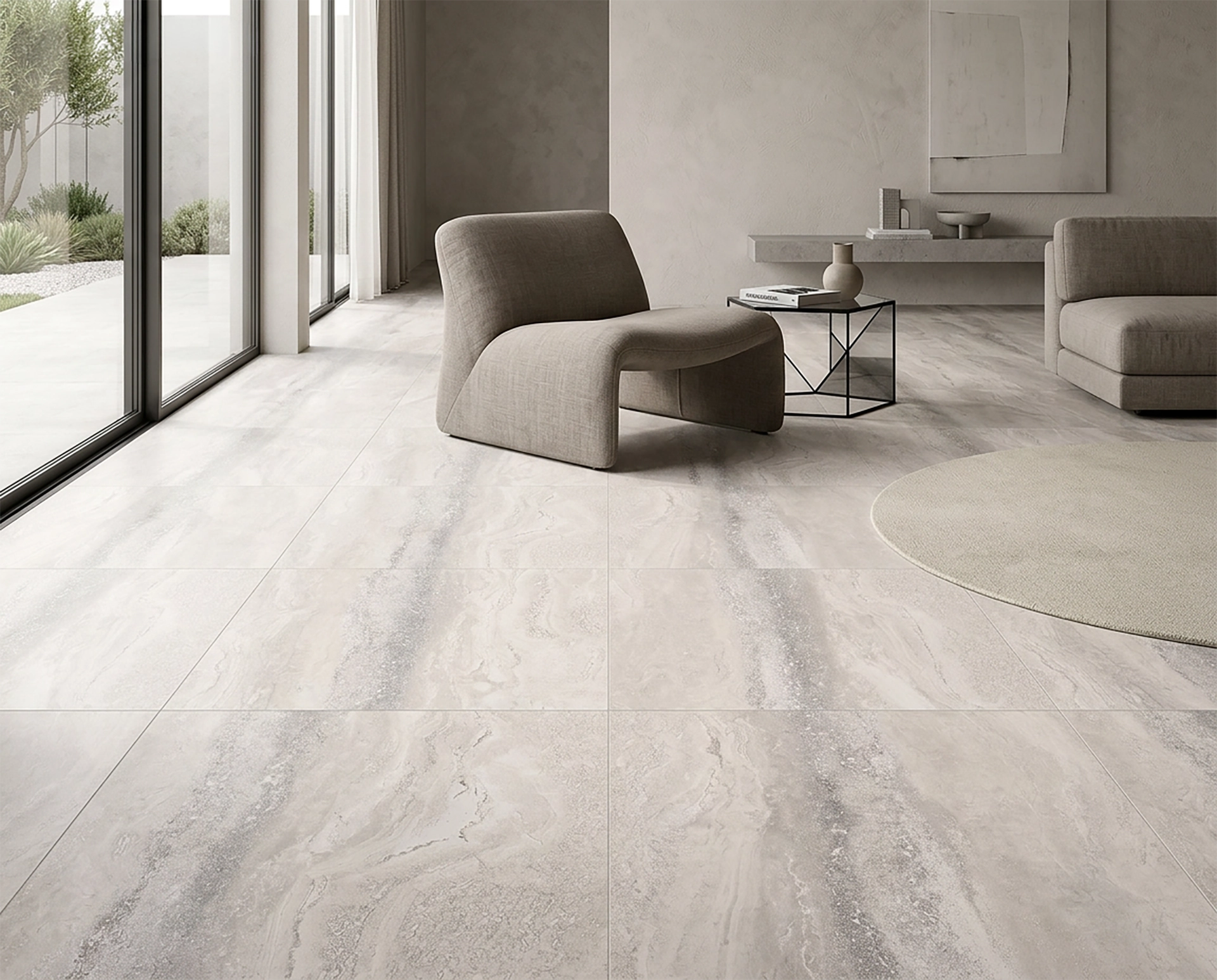 CERÁMICA MÁRMOL VITTORIA AMBIENTE Sala luminosa con ventanas grandes, sofá color gris oscuro y un piso de cerámica mármol Vittoria